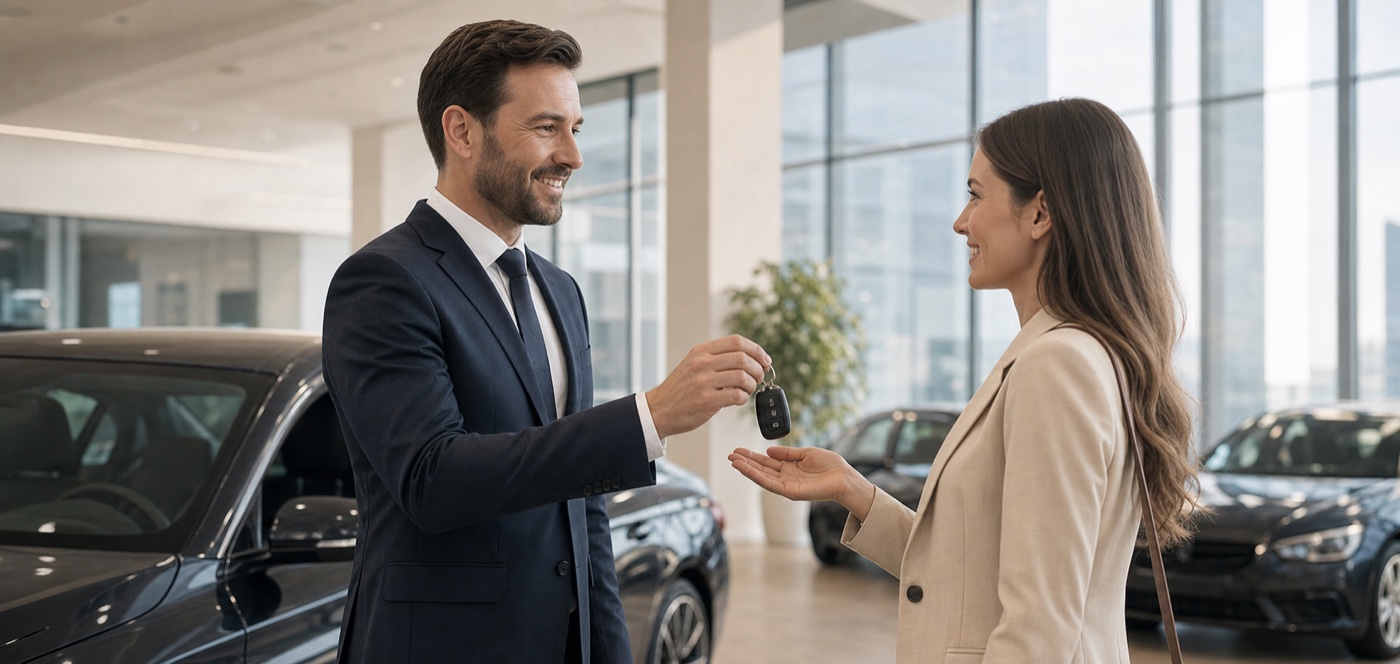 Autodealer overhandigt een autosleutel